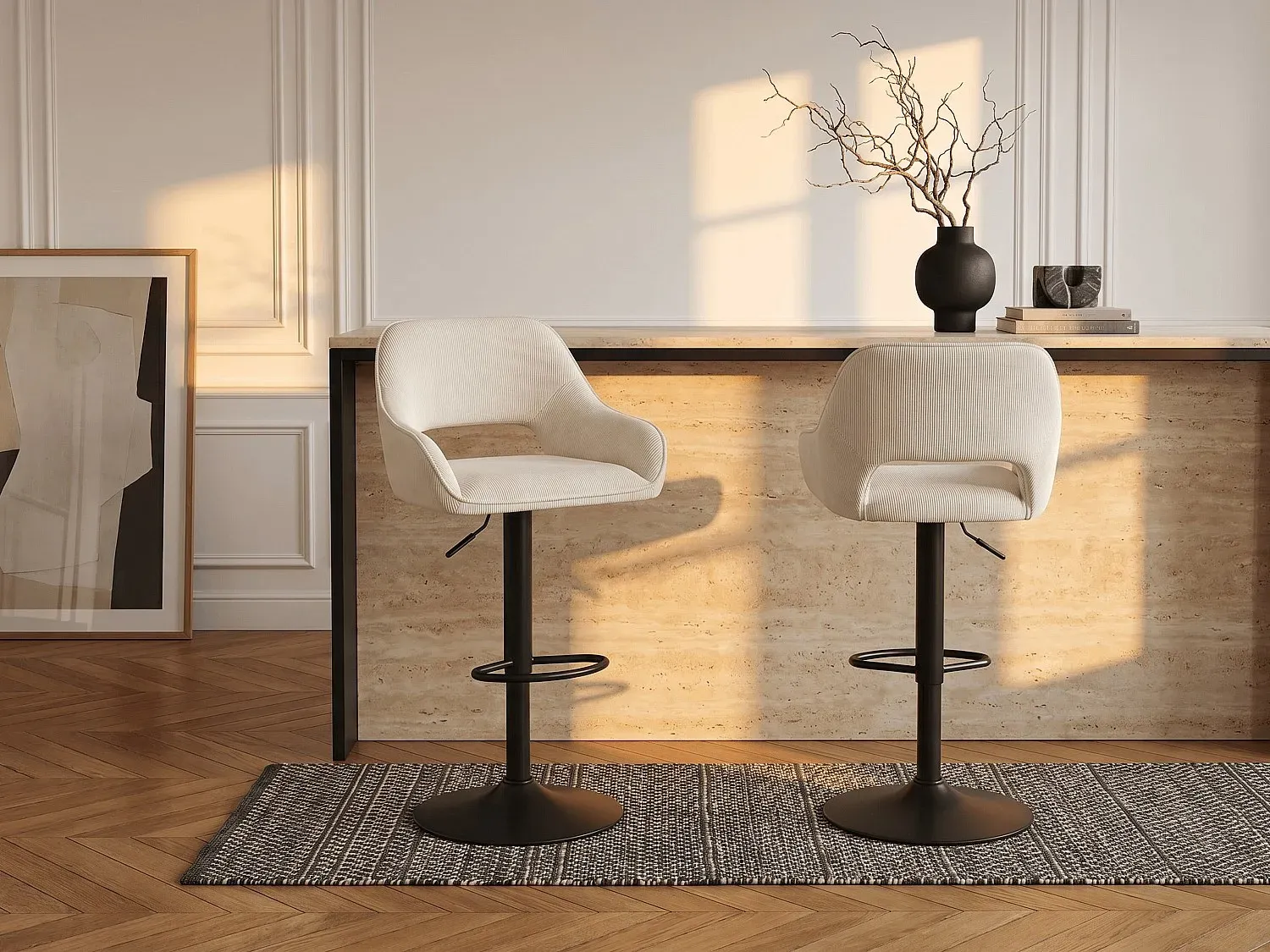 Barhocker 2er-Set - Cord & schwarzes Metall - Höhenverstellbar - Cremefarben - ZINEA
