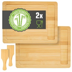 DuneDesign Schneidebrett 2 Personen Raclette Teller Set Holz 30x22cm, Bambus, (2-St), Pfännchen Untersetzer mit Spachtel braun