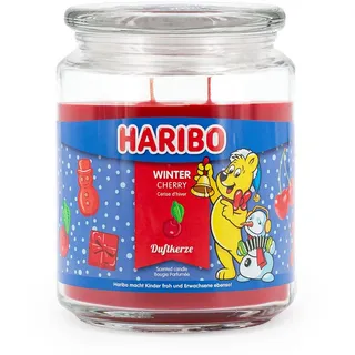 Haribo Duftkerze im Glas | Winter Cherry 510g | Fruchtiger Kirschduft mit Karamell & Zimt | 100h Brenndauer | Doppeldocht | Weihnachtskerze im Glas | Geschenkidee für Winter & Advent
