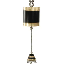 Phoenician 1-flammige Tischlampe – Blattschwarz, Blattgold und Blattsilber mit Schirm in Blattschwarz und Blattgold