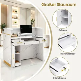 Barberpub Empfangstheke mit 3 Schubladen & 1 Schrank, Empfangstisch mit Beleuchtung, Abschließbar, Rezeptionstheke Kassentheke, R9759(Weiß-Gold) - Weiß/Gold