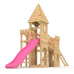 bibex Spielturm Ritterburg "XXL 150" - 3x Klettertürme, lange Rutsche, Doppelschaukel rosa