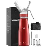 SimCoker Sahnespender 500ml, Aluminium Schlagsahnebereiter für Schlagsahne, Cremes und Soßen,Sahnesiphon Ersatzteile- inkl. 3 Edelstahl Tüllen und 1 Reinigungbürste (Rot)