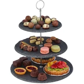 Relaxdays 4 x Etagere Schiefer 3 Etagen Anthrazit,Silber