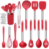 Herogo Silikon Küchenhelfer Set, 22-teiliges Kochutensilien Kochbesteck Set with Utensilienhalter, Hitzebeständiger Küchenutensilien mit Edelstahlgriff, Antihaft & Gesund, Rot