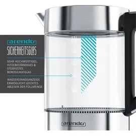 Arendo Wasserkocher 1,5 l, 2200 W, Edelstahl & Glas mit Basisstation, Temperatureinstellung 70° C - 100° C