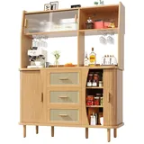 Hochwertiger Buffetschrank mit Rattanoptik & Glasschiebetüren, 174,5cm hoher Küchenschrank mit Stauraum,Nussbaum-Optik, belastbar bis 60kg
