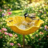 Handgefertigte Vogeltränke aus Metall in Blumenform – Winterfester Gartenstecker als Bienen- & Insektentränke für Draußen – Elegante Gartendeko-Figur (Gelb)