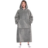 Waitu Tragbare Decke Sweatshirt für Damen und Herren, super warm und gemütlich, große Decke, Hoodie, Dicke Flanelldecke mit Ärmeln und riesiger Tasche – Grau