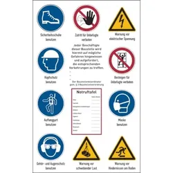 Baustellenschild, Hinweise gem. ISO 7010 + Notruftafel, Alu-Verbund - 400x600x2 mm Aluverbund