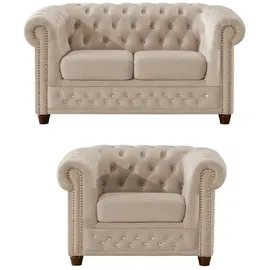 S-Style Chesterfield Polstergarnitur 2+1 Cleo Blink ¦ beige ¦ Maße (cm): B: 148 H: 72