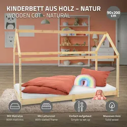 Kinderbett+Matratze Hausbett Bettgestell Holzbett Bett Lattenrost Natur 90x200cm