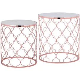 WOMO-DESIGN Beistelltisch 2er Set Phoenix I Ø40/Ø45 cm, Weiß Marmor/Kupfer, handgefertigt, Unikat