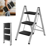 Klappleiter, Stufenleiter 3 Stufen klappbar Stehleiter, Trittleiter Leiter, rutschfeste Tragbare Leiter Klappsicherung, Stufenstehleiter leichte Trittleiter für Haushalt Küche, Bis 150kg belastbar
