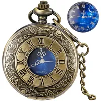 Tiong Taschenuhr, hohl, römische Ziffern, Vintage, blaues Sternendesign, Quarz-Taschenuhren mit Kette und Anhänger für Männer und Frauen, Klassisch