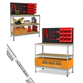 ar shelving Werkstattregal inkl. Werkzeugwand & Kästen Stahl 132 x 104 cm 3 Holzböden 900 kg