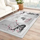 Sxakswol Teppich Wohnzimmer 140x200 cm Japanische Kirschblüten 3D Teppich Grauer Asiatischer Stil Küche Esszimmer Schlafzimmer Teppich Kurzflor rutschfest Waschbar Teppiche Weich Pflegeleicht Y4284