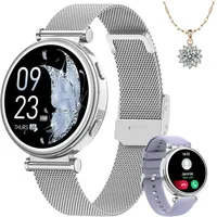 Sanorum Damen Smartwatch 1,47" mit Halskette als Geschenk SpO2, Puls Smartwatch (3,73 cm/1,47 Zoll) Damen Fitness-Tracker mit Pulsmesser und Zyklusfunktion, Smartwatch mit Ladekabel, Anleitung, Geschenkverpackung, Damen Smartwatch mit Telefonfunktion und Zykluserinnerung silberfarben