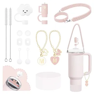 Stanley Cup-Zubehör, 9–10 mm, Stanley-Strohabdeckung, Topper, Silikonmanschette für Stanley-Cup, Anfangsbuchstaben-Charm, auslaufsicher, Dichtungsset, Stanley 2.0, 30 und 1,2 l (Rosenquarz, M)