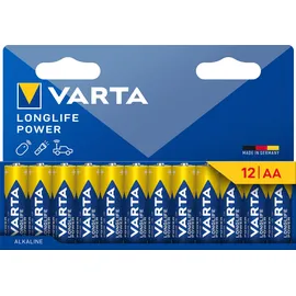 Varta Batterien AA, 12 Stück, Longlife Power, Alkaline, 1,5V, ideal für Spielzeug, Funkmaus, Taschenlampen, Verpackung zu 90% recycelt, Made in Germany