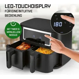 GOURMETmaxx Doppelkammer Heißluftfritteuse - 2 x 4 L | Synchro-Garzonen Airfryer | Fritteuse mit Touchscreen | Heißluftfritteuse 2 Kammern & 10 Programmen | fast ohne Öl frittieren