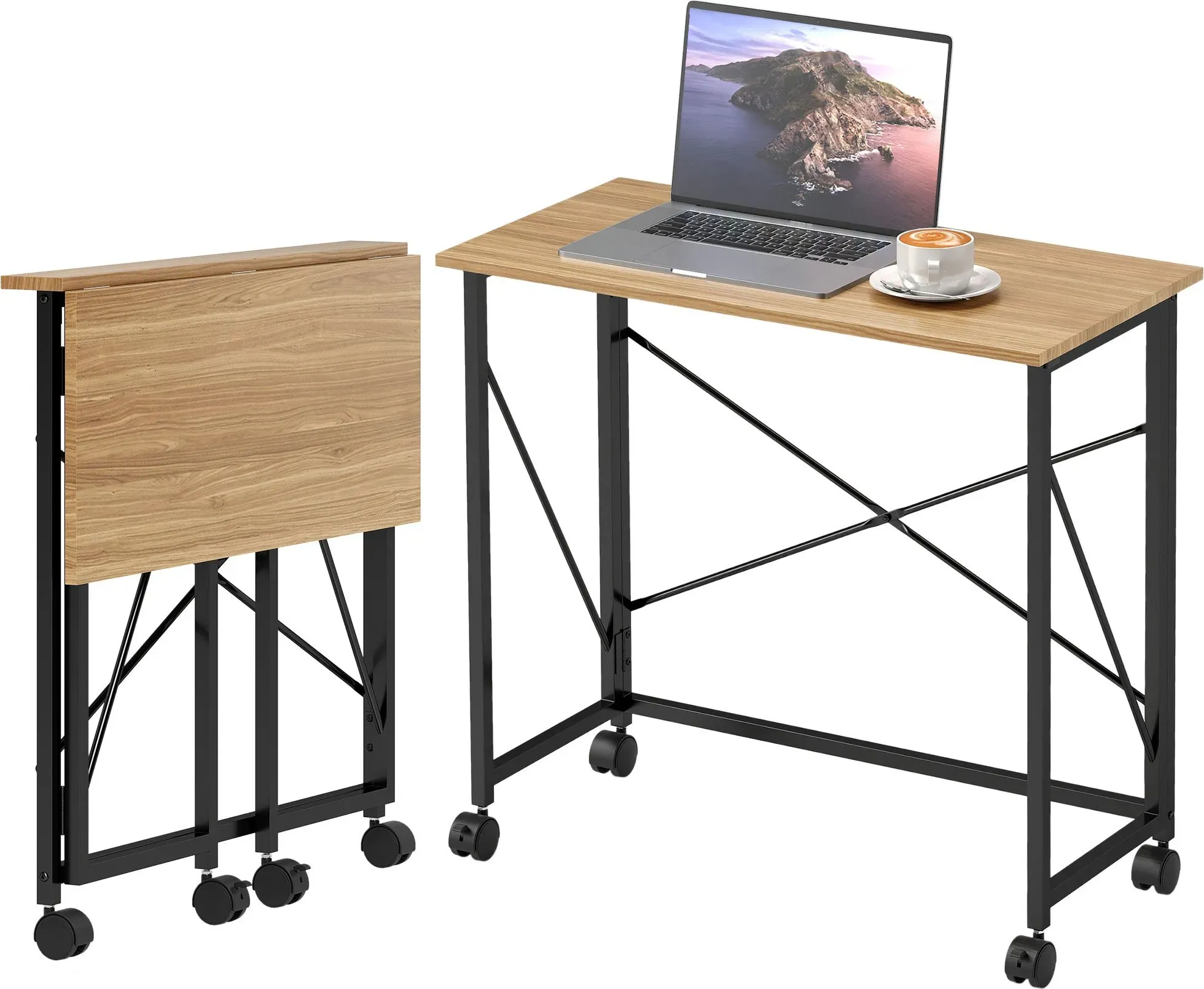 HOMCOM Schreibtisch Klappbar Kleiner 80 cm Klappschreibtisch mit Rollen Platzsparend Computertisch für Home Office, Eiche   Aosom