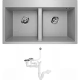 QLS Granitspüle Doppelbecken Küchenspüle Einbauspüle Spülbecken Elle 2.0 Siphon Grau Metallic - Grau