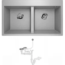 QLS Granitspüle Doppelbecken Küchenspüle Einbauspüle Spülbecken Elle 2.0 Siphon Grau Metallic - Grau