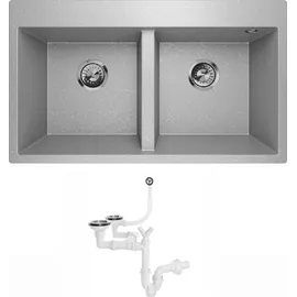 QLS Granitspüle Doppelbecken Küchenspüle Einbauspüle Spülbecken Elle 2.0 Siphon Grau Metallic - Grau