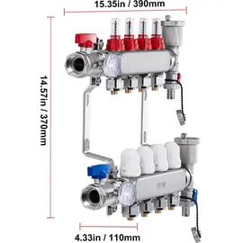 Vevor 4-Zweig-Wärmeverteilungsverteiler 1/2-Zoll-PEX-Rohrverteiler Edelstahl für hydronische Fußbodenheizung