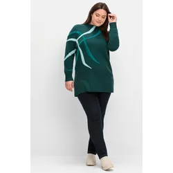 Stehkragenpullover SHEEGO "Stehkragenpullover", Damen, Gr. 48/50, tiefgrün, gemustert, 45% Viskose, 33% Polyamid, 22% Polyester, gemustert, mehrfarbig, Langarm, Pullover