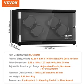 Vevor Uhrenbeweger, Automatik-Uhrenbeweger, Watch Winder, Uhrenbeweger für Automatikuhren, Automatischer Uhrenbeweger mit Platz für 4 Uhren, LED Beleuchtung, Max. 20 cm Riemenlänge Schwarz