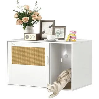 PawHut Katzenschrank, Katzentoilette mit Loch, Katzenklo Schrank mit Tür, Eingang, Kratzpad, für Katze unter 6 kg, 80 x 50 x 50 cm, Indoor, Weiß
