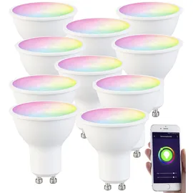 Luminea Home Control 10er-Set WLAN-LED-Spots, GU10, RGB-CCT 4,5Watt, 326 lm, 45°, App