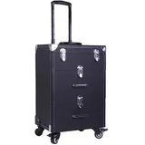 Kosmetikkoffer Trolley Schwarz Schminkkoffer Friseurkoffer Schmuckkoffer Multikoffer mit 2 Schubladen und 4 Abnehmbaren Rollen für Damen Mädchen 49cm Kunstleder