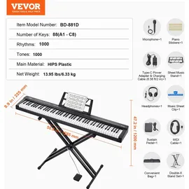 Vevor Kinderklavier Digitales Klavier 88 Tasten 1 schwarz