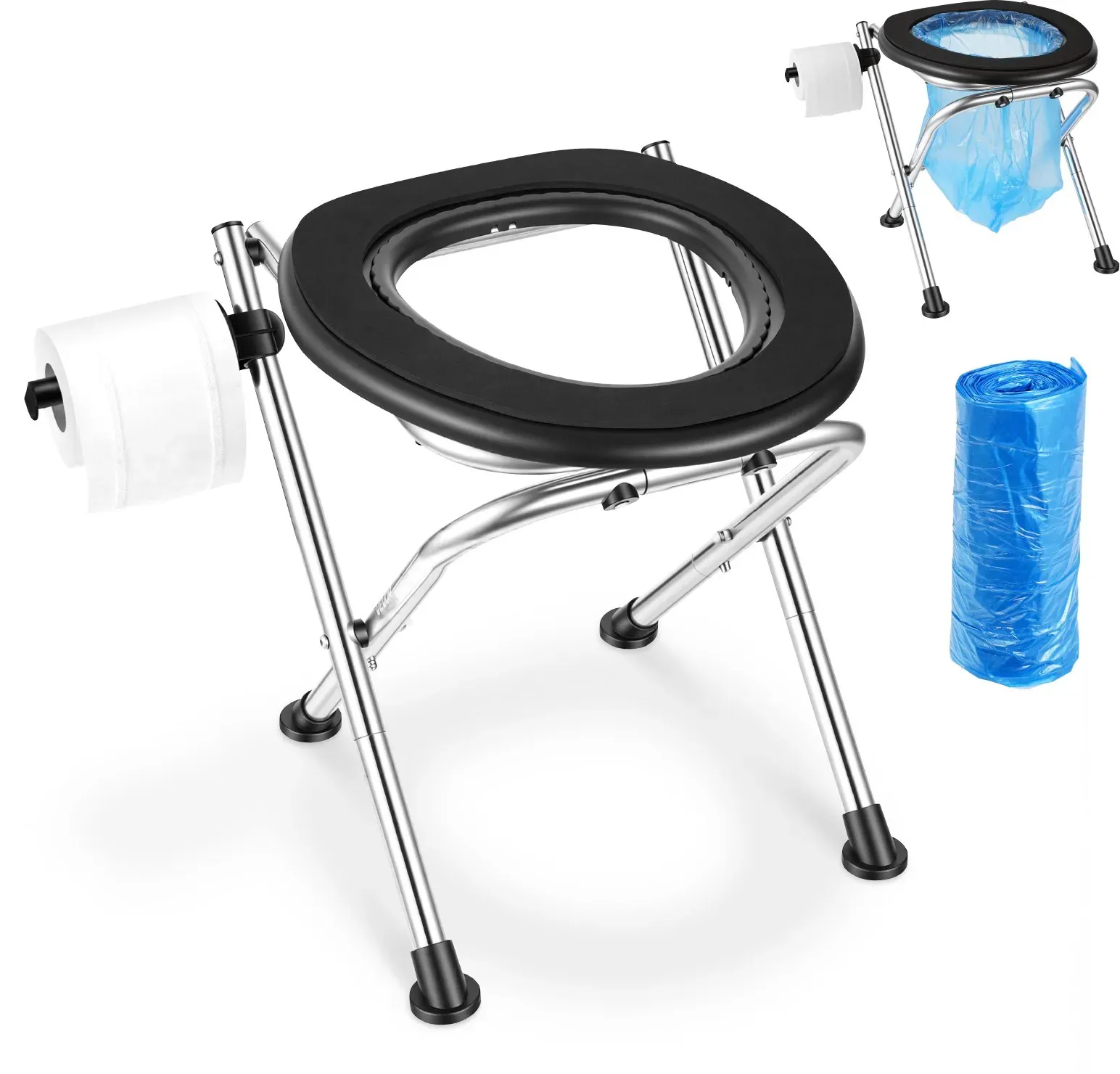 VEVOR Tragbare Campingtoilette 160 kg Belastbar, Faltbare Reisetoilette aus Edelstahl mit Weichem Sitz & Tücherhalter, Geeignet für Lkw-Fahrer Wohnmobilreisen Camping Autoreise Outdoor-Aktivitäten