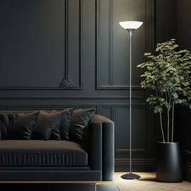 ETC Shop Stehleuchte Stehlampe Deckenfluter Wohnzimmerlampe, Schnurschalter, Metall titanfarben weiß, 1x E27 Fassung, DxH 28x180cm