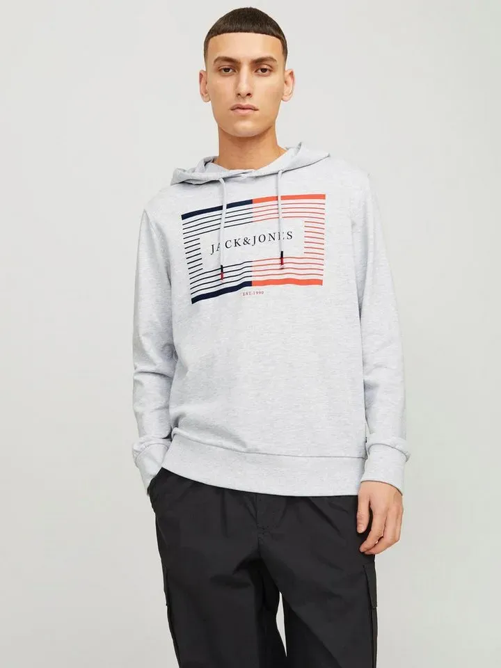 Jack & Jones Hoodie JJCYRUS SWEAT HOOD: Komfortable Baumwollmischung mit coolem Gummidruck (Lässiger Hoodie: Basic Schnitt & peppiger Aufdruck) Vielseitiges Sweatshirt: Angenehme Sweatware weiß L