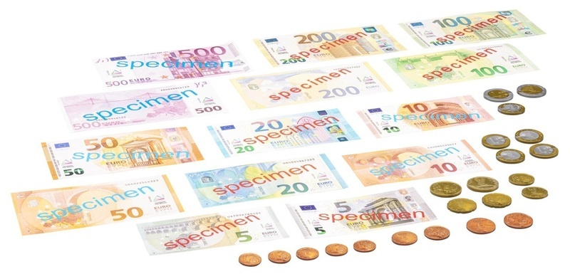 EURO-Spielgeldsatz, 22 Münzen und 22 Scheine aus Kunststoff (44 Teile)