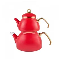 KARACA Retro Emaille-Teekannen-Set, 3.4L, Rot, Induktionsgeeignet,Türkische Caydanlik