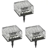 ledscom.de 3 Stück LED Solar-Pflasterstein Bodeneinbauleuchte BROSLO mit Erdspieß für außen, Glas, 10 x 10cm, warmweiß