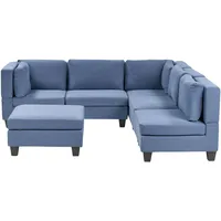 5-Sitzer Modul Ecksofa mit Ottomane Stoff blau links dicke Kissen Unstad