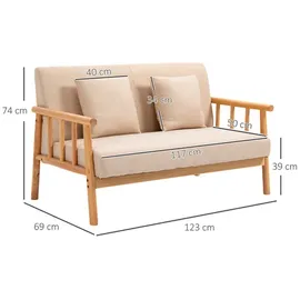 Homcom 2 Sitzer Sofa, Couch mit 2 Lendenkissen Leinenoptik für klein Räume Beige