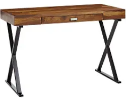 WOHNLING Schreibtisch Rechteckig Braun Sheesham Kreuzfuß 1 Schublade 1.200 (B) x 550 (T) x 780 (H) mm massives Sheeshamholz