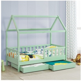 Juskys Kinderbett Marli 90 x 200 cm mit Matratze, Bettkasten, Gitter, Lattenrost & Dach - Bett Mint