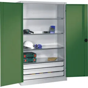 C+P Schwerlastschrank mit Drehtüren, 4 Böden und 3 Schübe, H1950xB1200xT500mm Front Resedagrün Korpus Lichtgrau