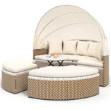 GLP Gartenlounge-Set Rattan-Gartentisch und Stühle-Set, Muschel-Garten-Lounge-Sessel-Bett, (inklusive aller Kissen und Sitzkissen), ausziehbares Baldachin, anhebbare Tischplatte beige