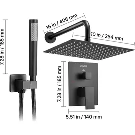 Vevor Duscharmatur Regenduschsystem fürs Badezimmer Duschsystem mit 254 mm quadratischen Regenduschkopf & Handbrause, wandmontierte Badezimmerarmaturen mit Messingventil & Zierset, Mattschwarz