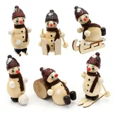 Dekohelden24 6 handgefertigte Figuren für Weihnachtspyramide, Pyramidenfiguren, Holz Schneemannfiguren,6er Bastelset Bastelfiguren für Schwibbogen oder Pyramide, Maße Einer Figur: 3,5 x 4,5 x 6 cm.